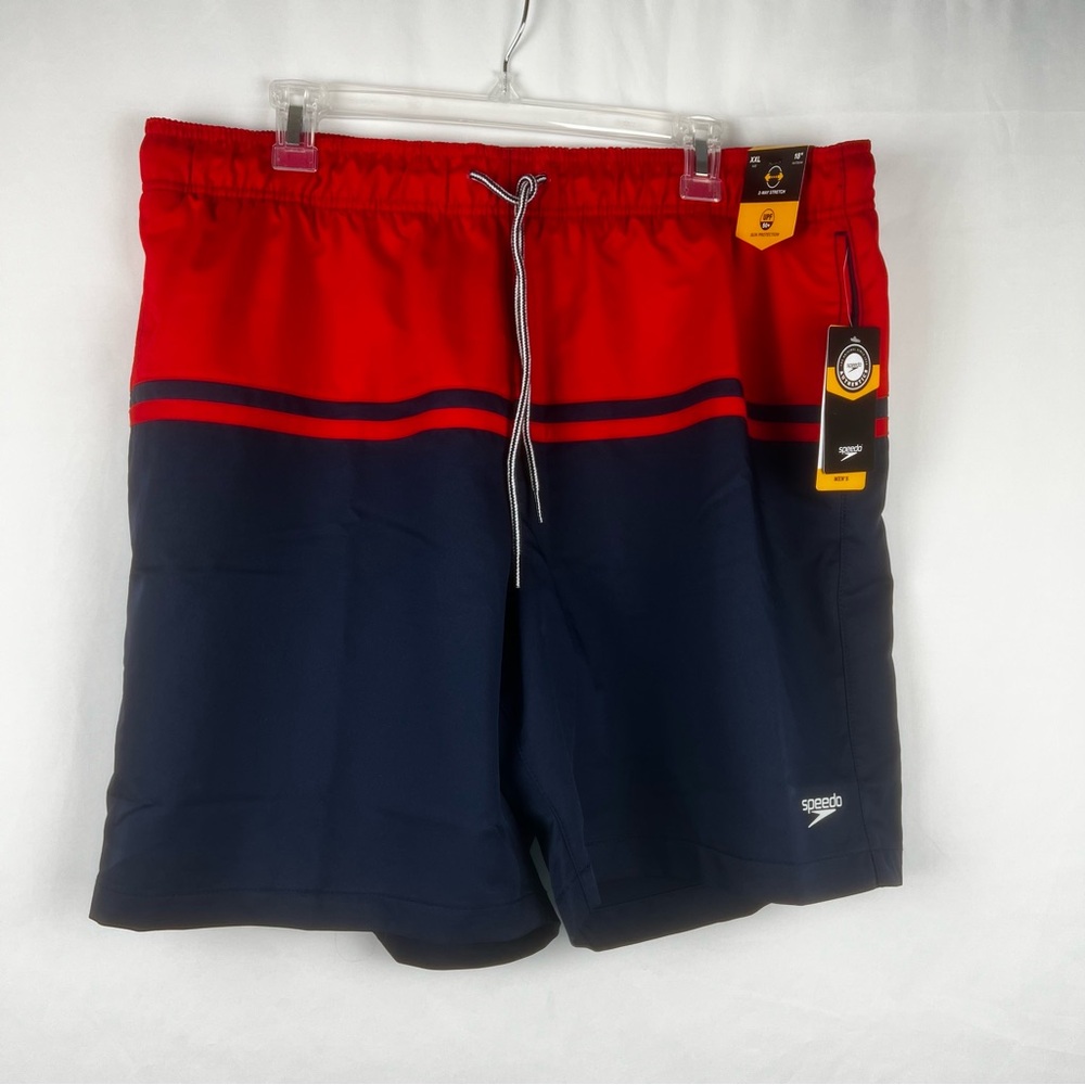 Speedo Men's Swim Trunks Size 2XL Board Shorts Red Blue Striped UPF 50+ Block